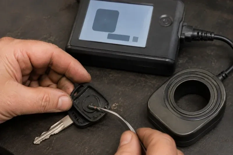 Hands using tweezers at an opened car-key head beside a small electronic unit and a ring-shaped accessory. — Transponder Key Programming, Toronto