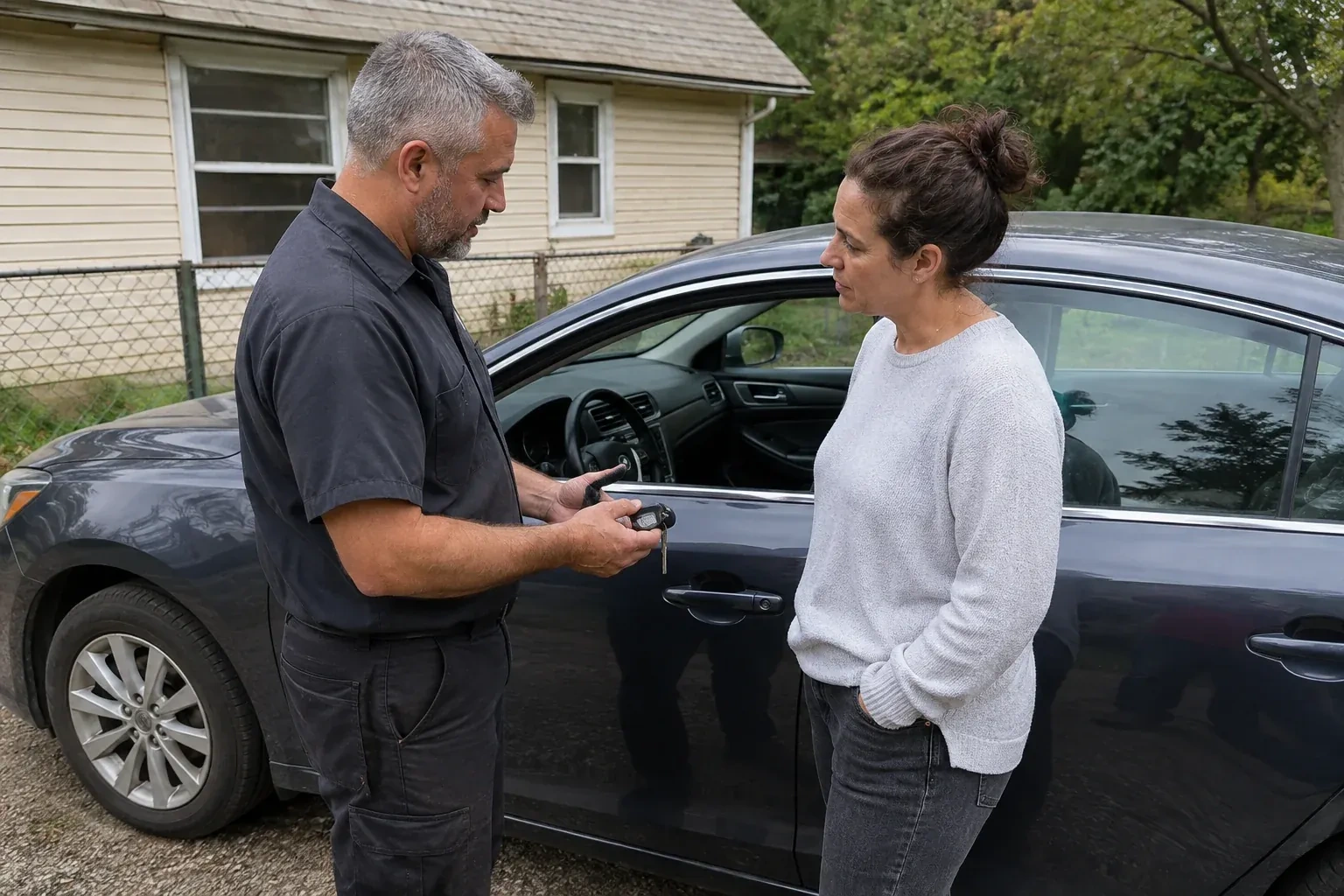 Two people standing beside a car with its window lowered, one holding a key and black key fob. — Ignition Lock Repair, Toronto