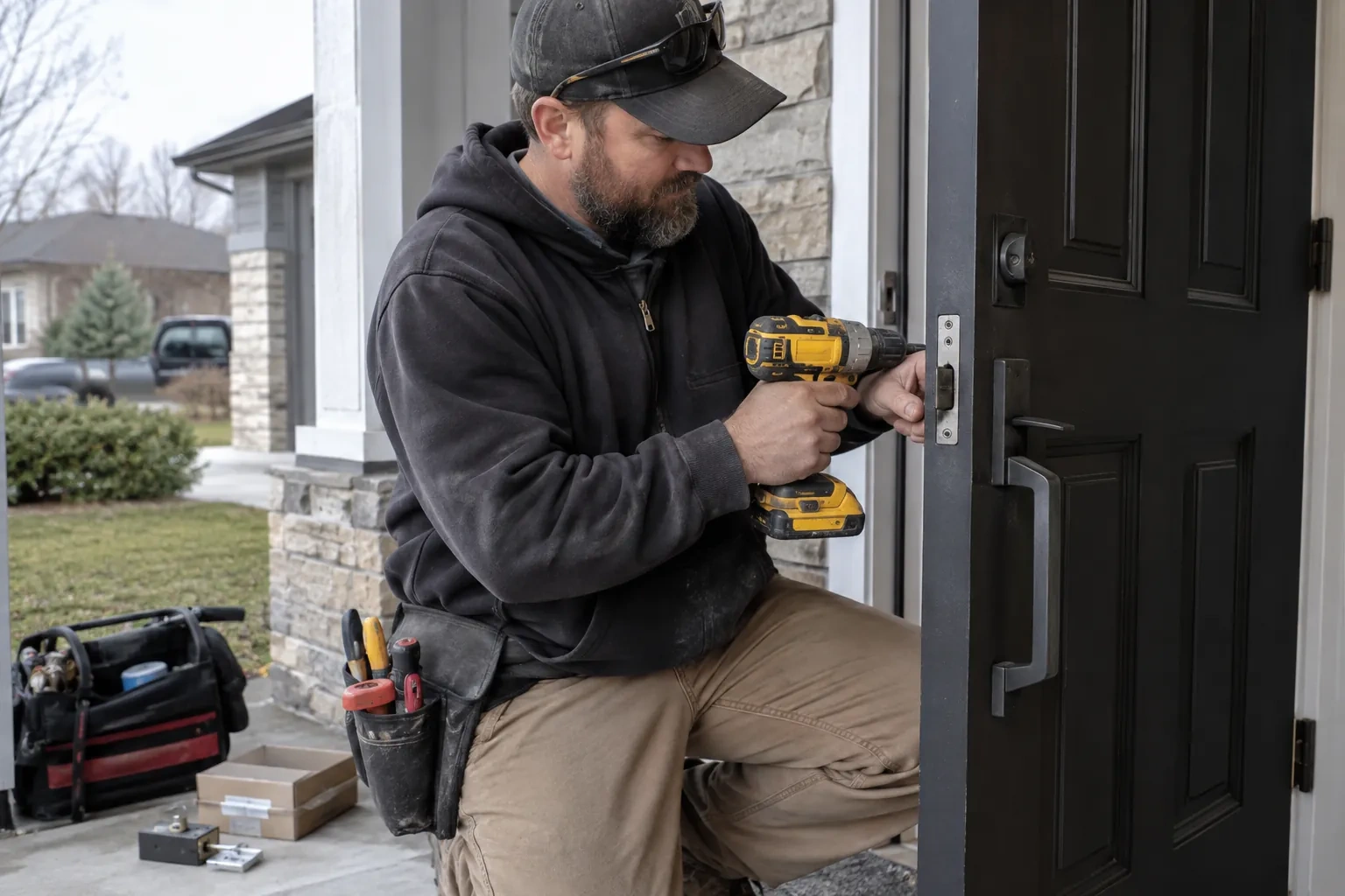 Technician kneeling with a yellow cordless drill at the latch plate of a black door, a tool bag on the porch.